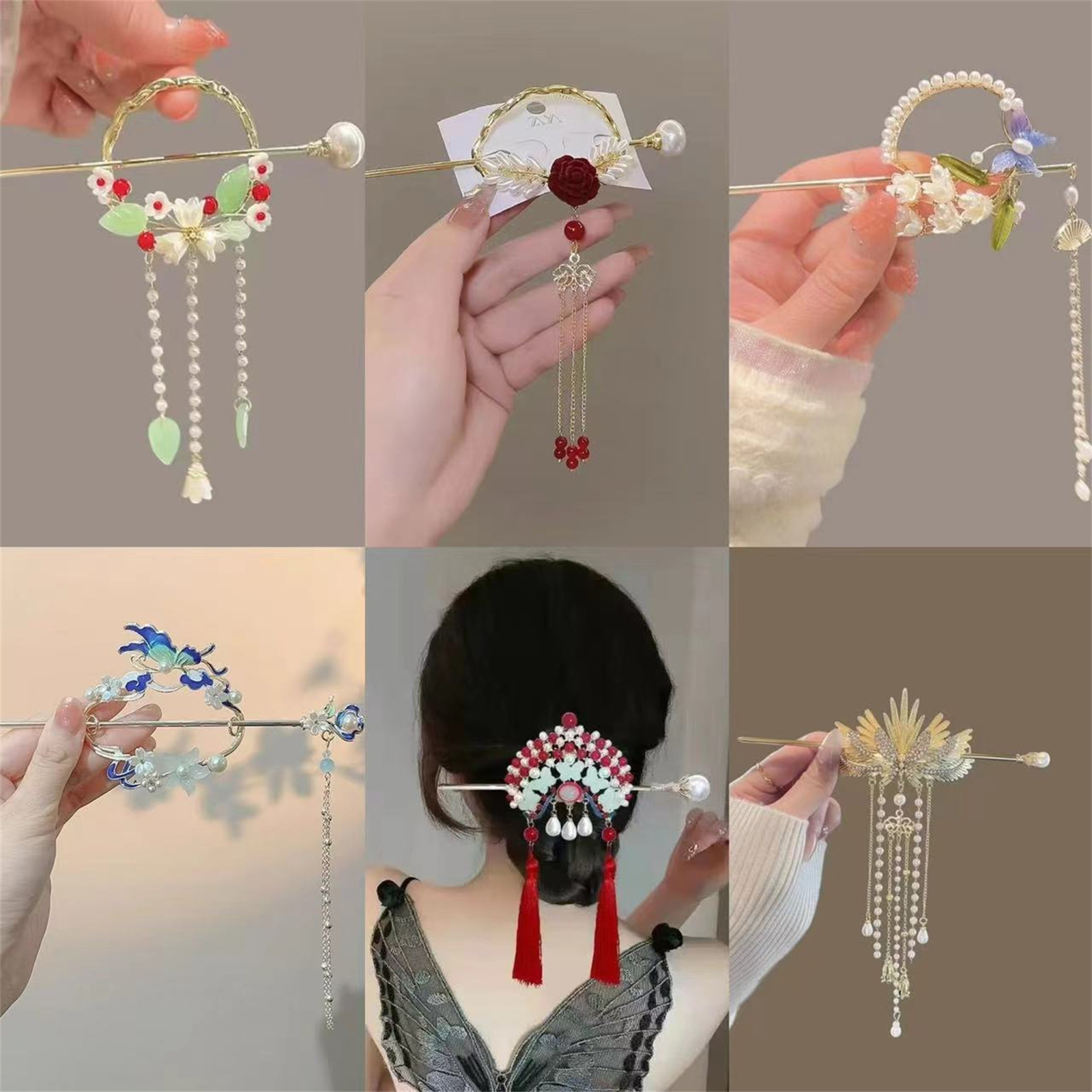 Women Accessories Shop - Ethnische Haarnadel für Frauen, exquisite Glitzer-Blumen-Quasten-Haarnadel,